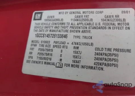 2002 Chevrolet S-10 Ls z USA, uszkodzony, nr VIN 1GCCS145728133846